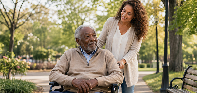 golden era care companion is friendly as she walks client in wheelchair through beautiful park