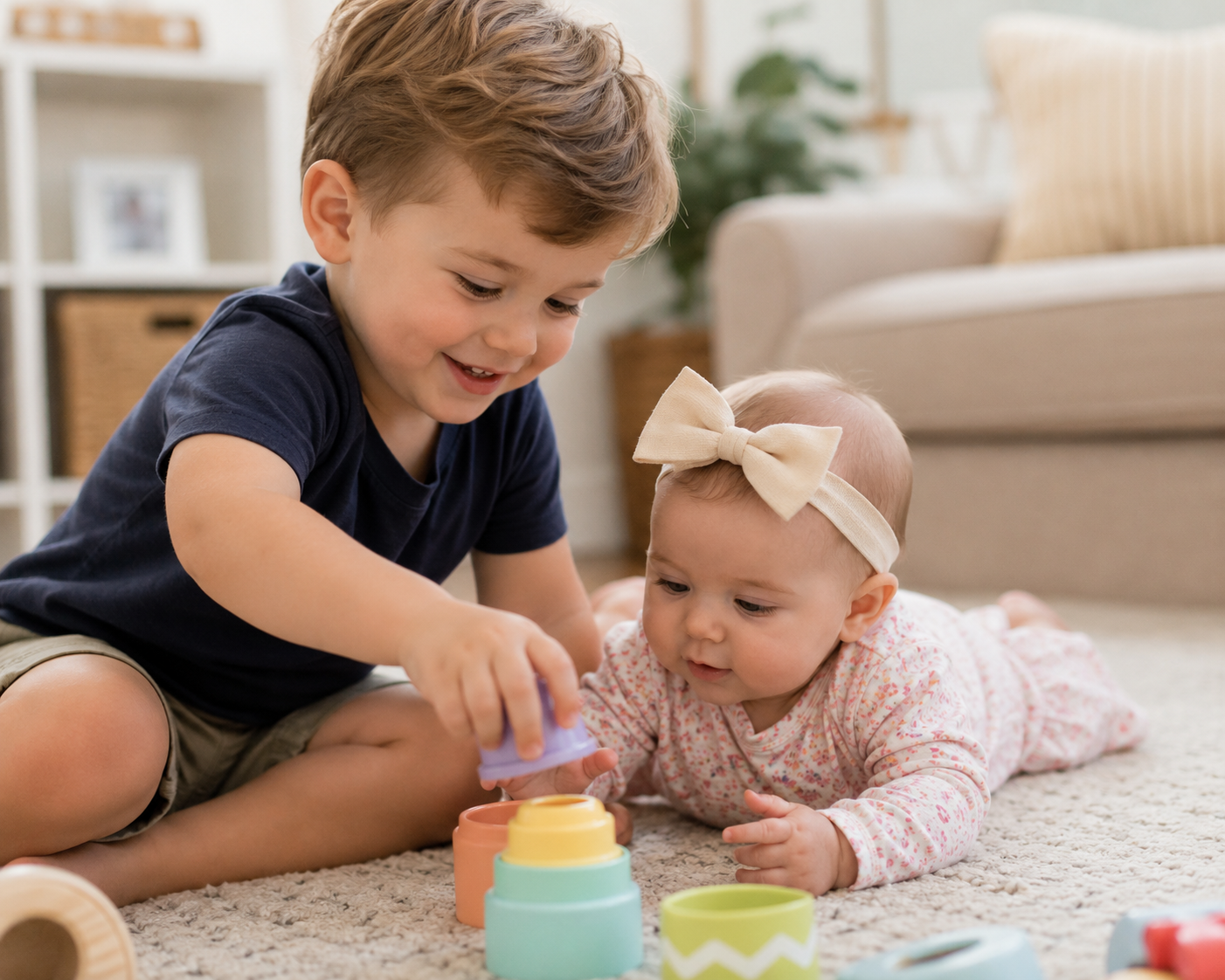 Littlebrotherandbabysisterplaying Little brother playing with baby sister