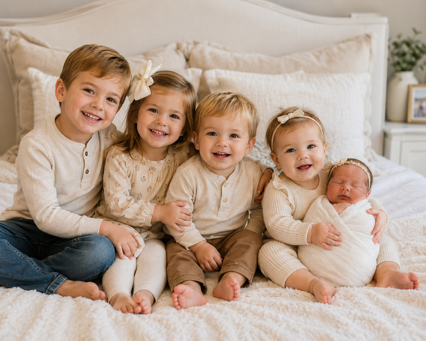 5 siblings sitting and smiling