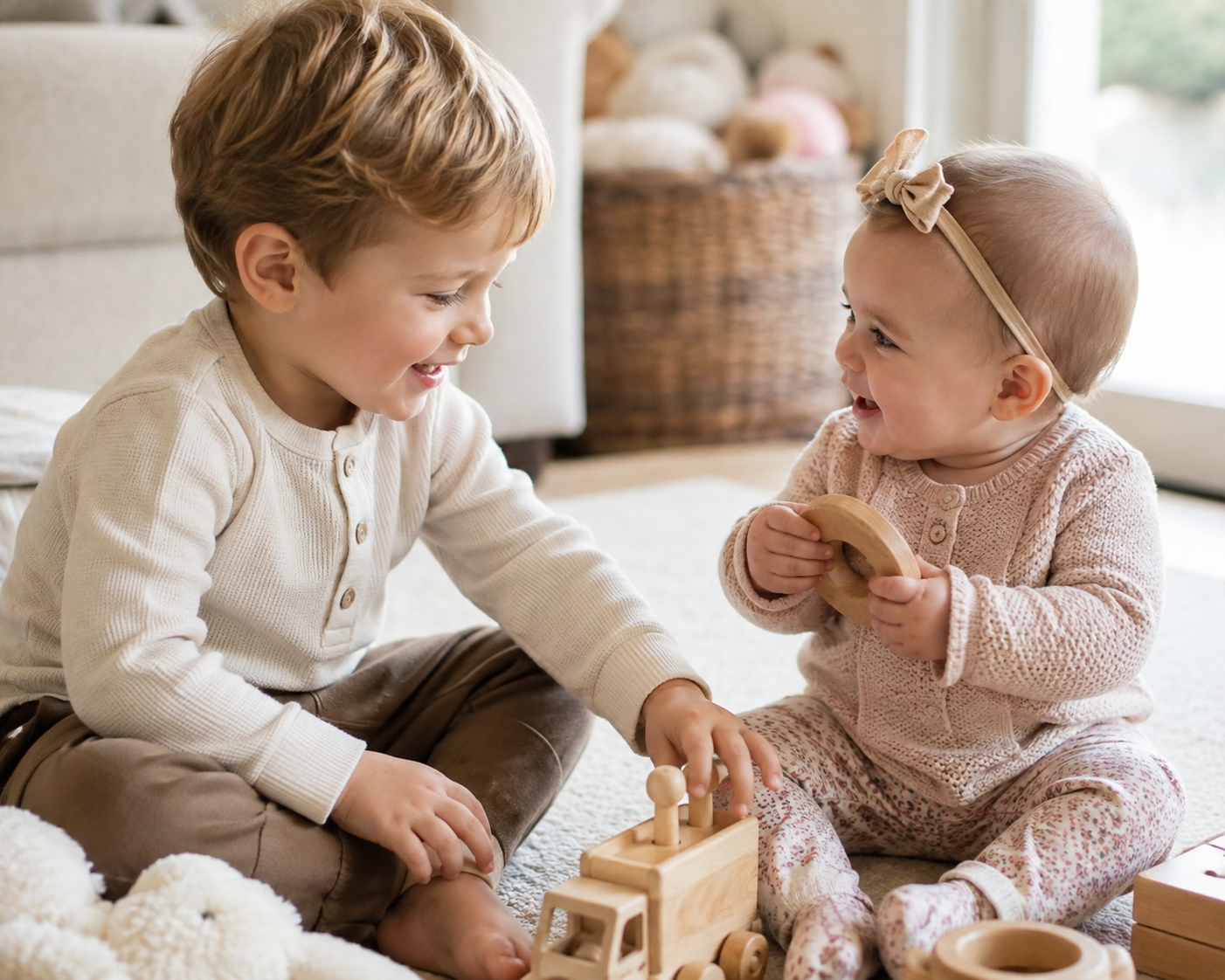 Big brother and little sister playing with wooden toys