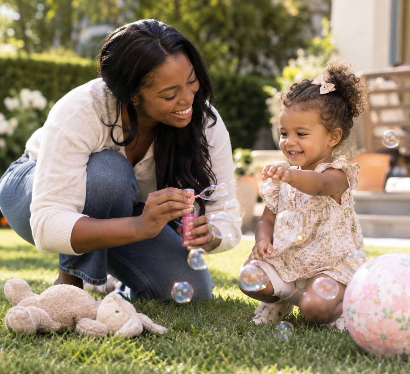 Bubbles and Toddler Black nanny blowing bubbles with a toddler girl