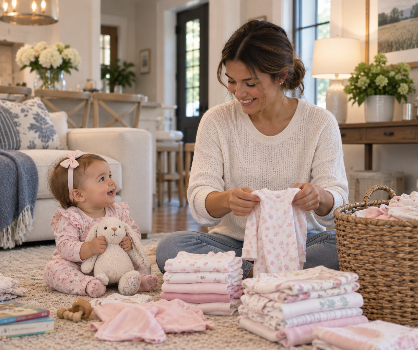 Family Assistant and baby Family Assistant with a baby and folding laundry.