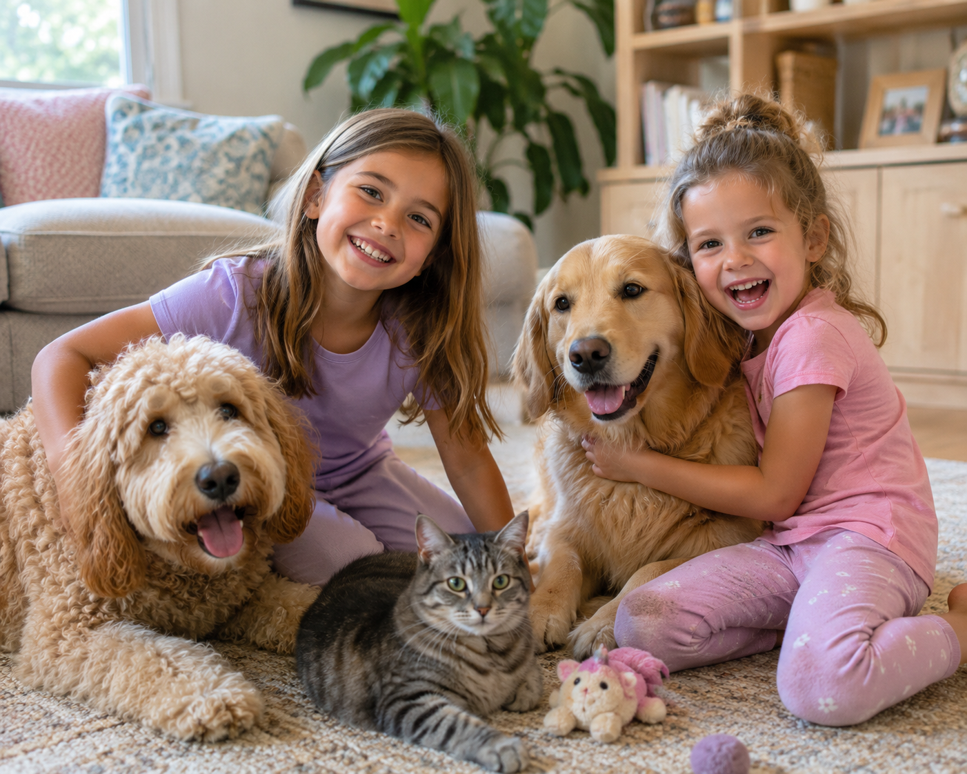 Little girls with two dogs and a cat