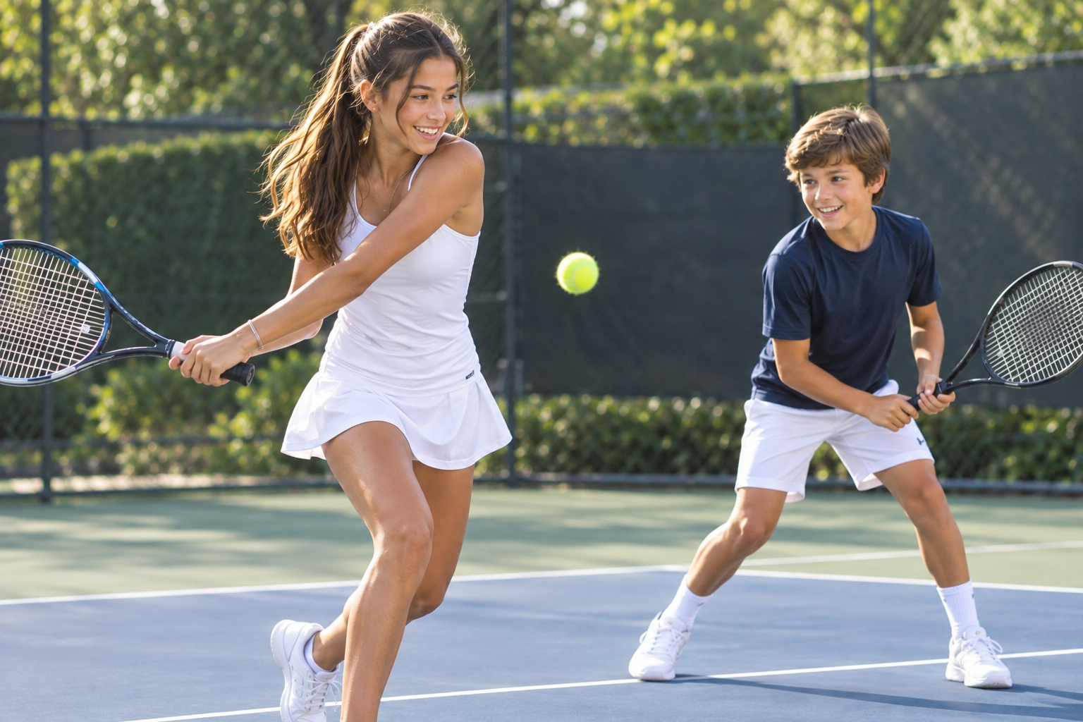 Siblings playing tennis