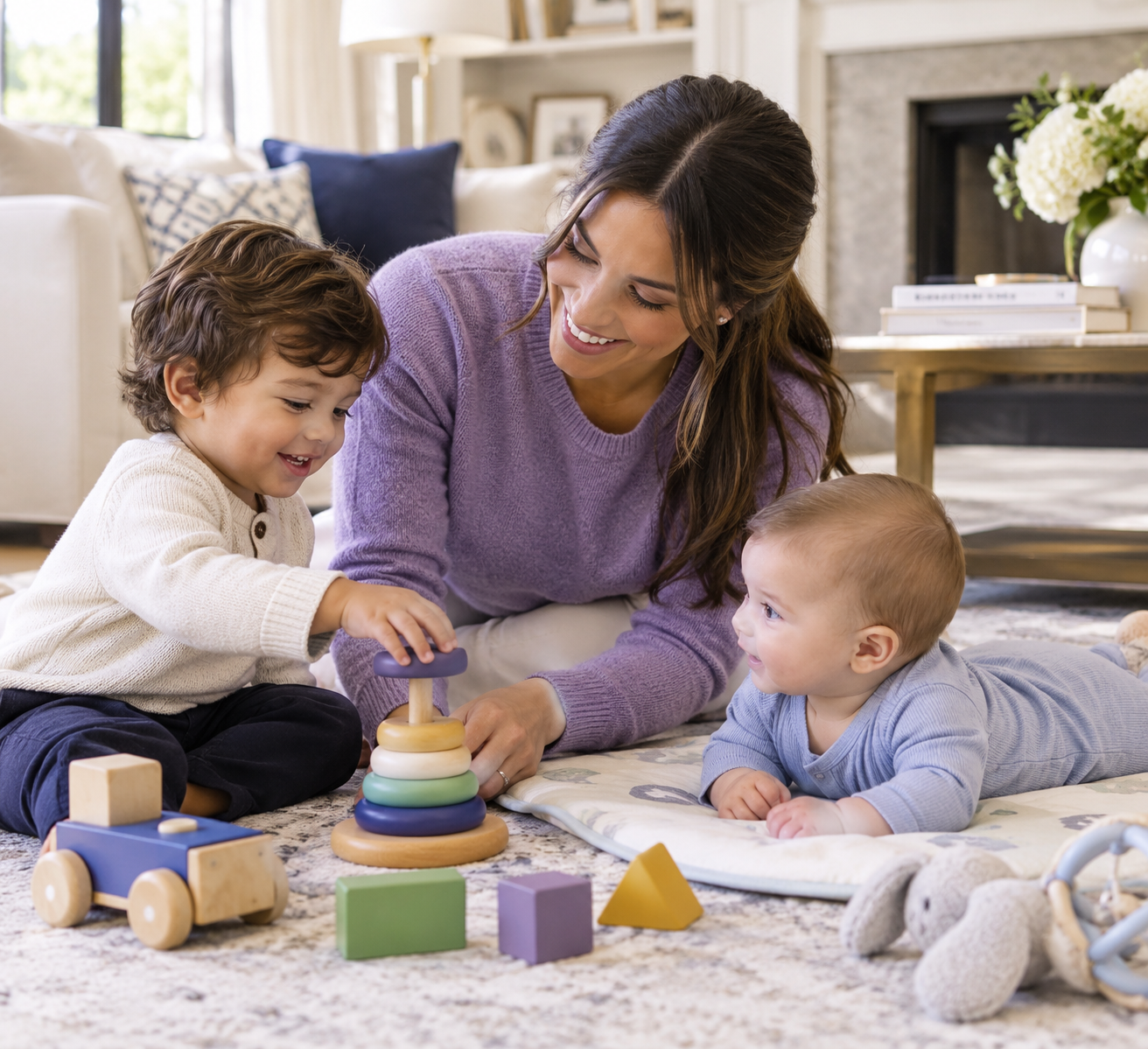 Nanny playing with toddler and infant